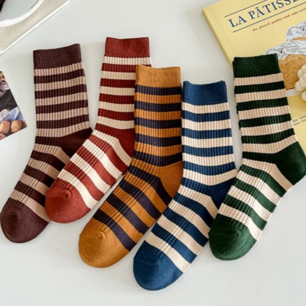Color Block Striped Crew Socks Women One Size  N6H001