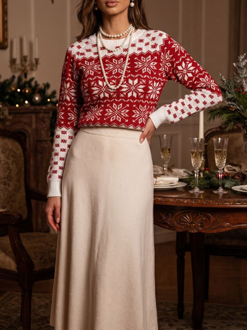 Fair Isle Snowflake Jacquard Crew Neck Sweater Women N6H278