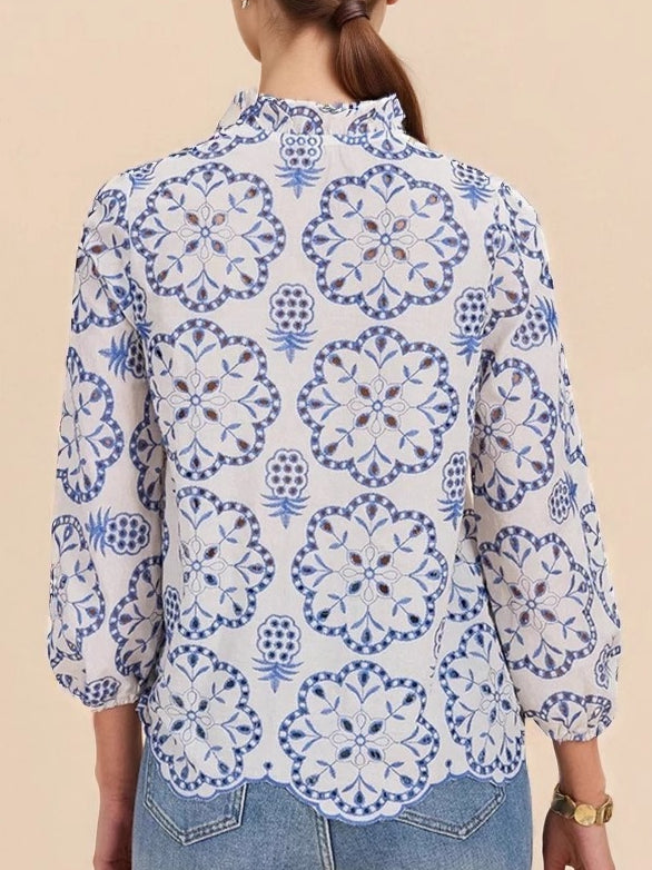 Blue White Pattern Stand Collar Shirt Women N6C125