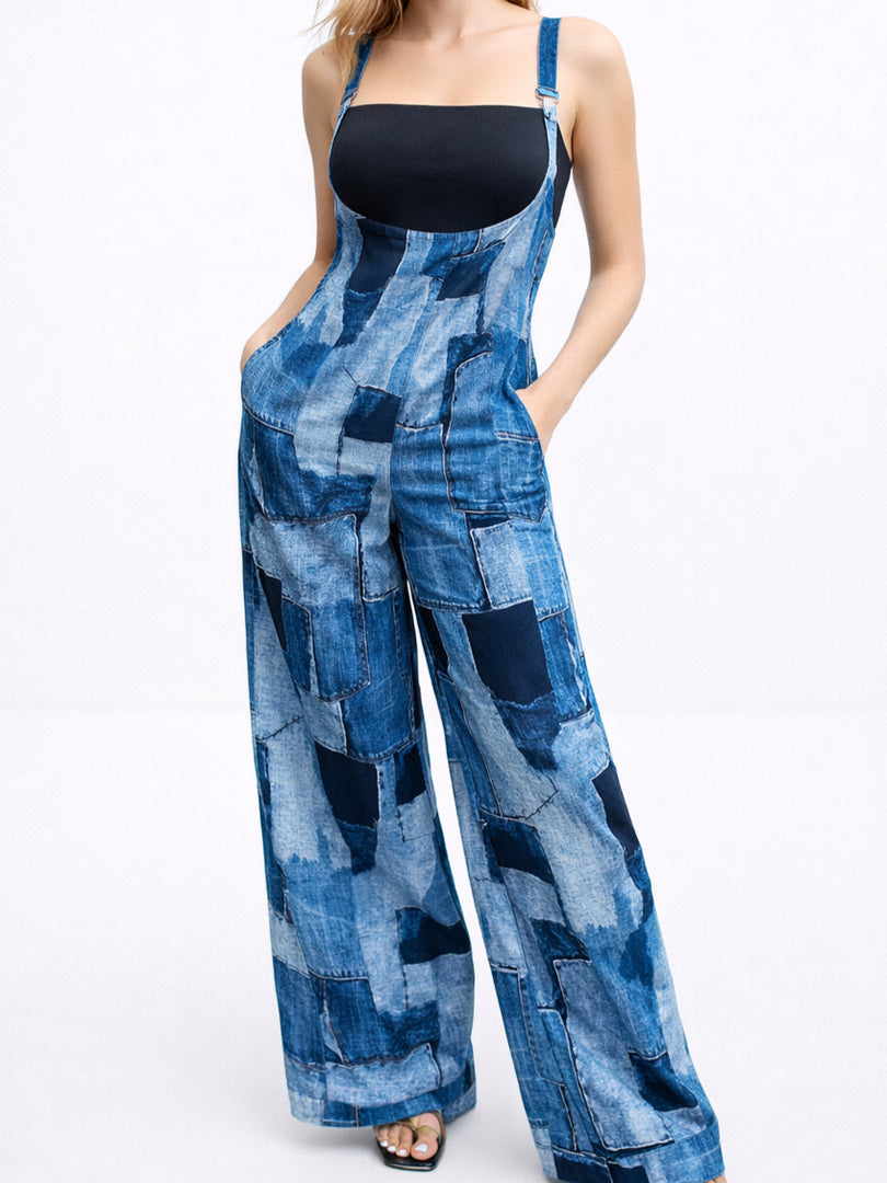 Blue Irregular Patchwork Print Bloomer Jumpsuit N6C201