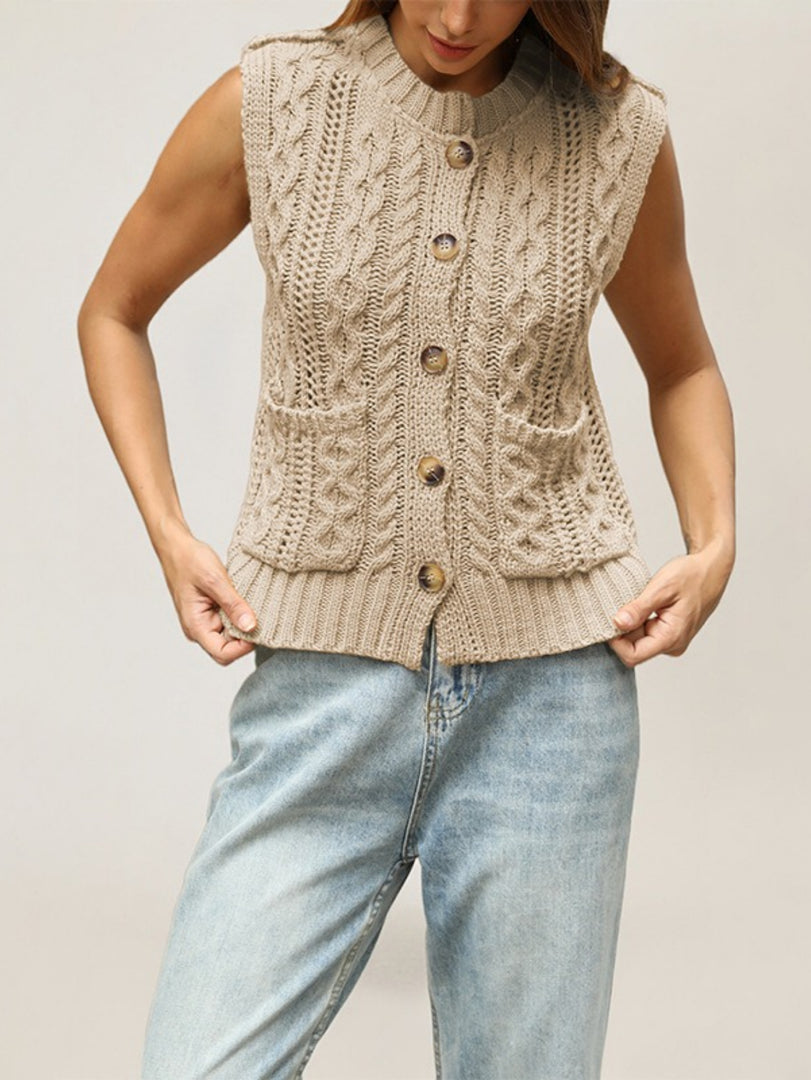 Round Neck Pocket Sleeveless Cardigan Vest Women N6H291