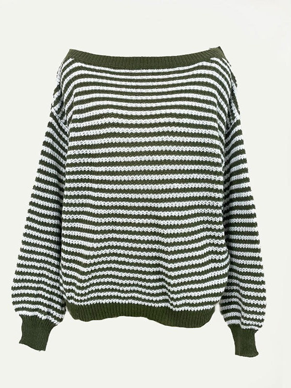 Off-Shoulder Striped Knit Pullover Women Loose Fit N6G299