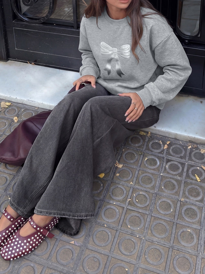 Casual Round Neck Bow Detail Loose Sweatshirt Women N6H295