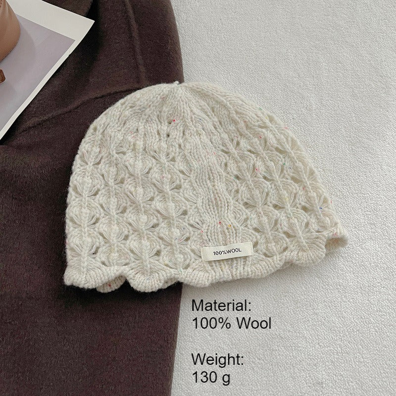 100% Wool Crochet Lace Hollow Knit Beanie Women N6H219