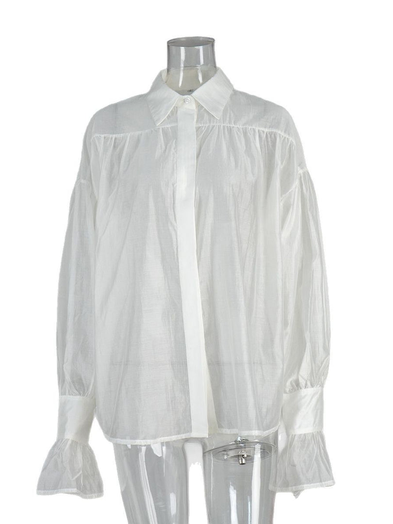 French Satin Flounce Sleeve Lightweight Blouse Women N6D037