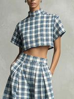 Load image into Gallery viewer, Blue White Plaid Crop Top Wide Leg Pants Set N6F223