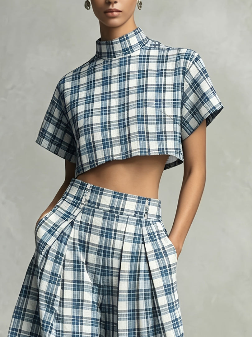 Blue White Plaid Crop Top Wide Leg Pants Set N6F223