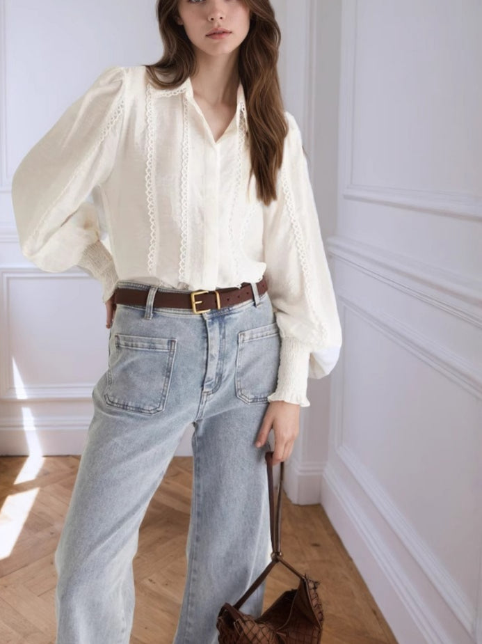 White Shirt Collar Flounce Sleeve Lace Shirt Women N6C123