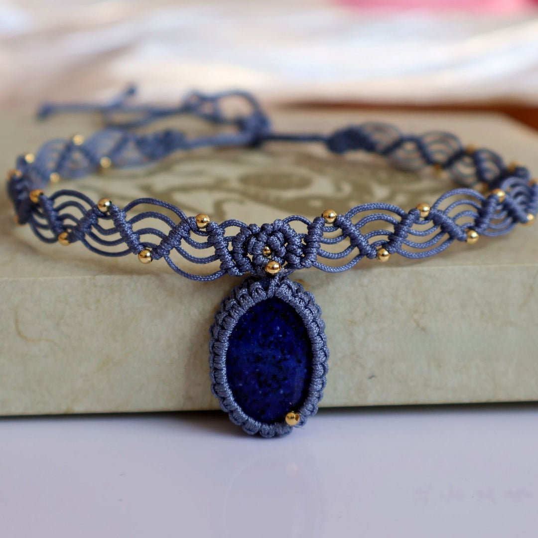 Lapis Braided Pendant Necklace Bohemian Stone S5P191