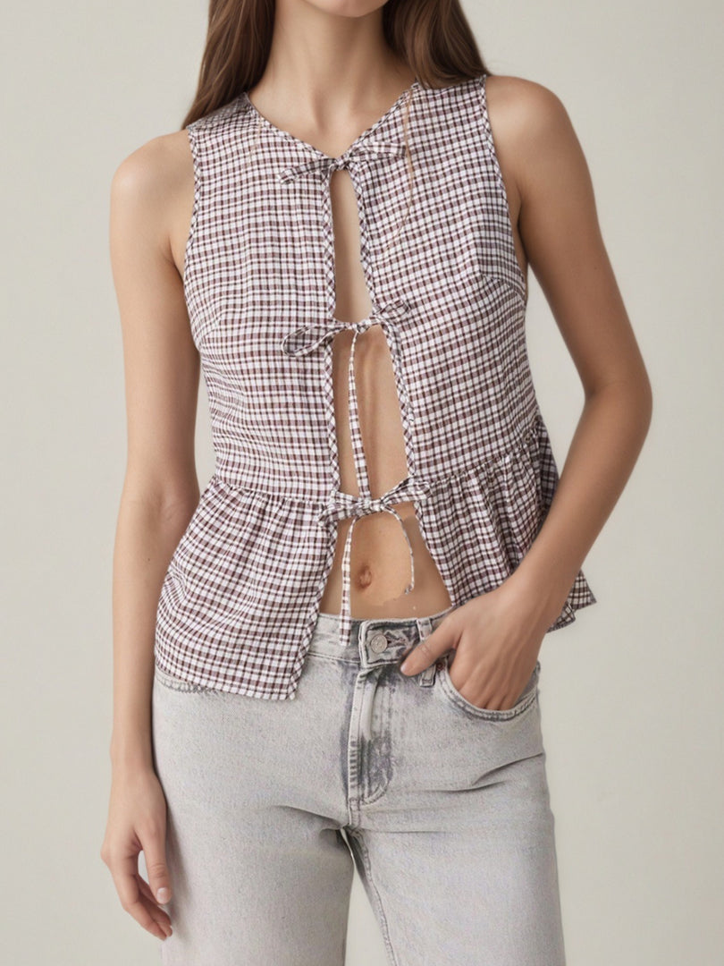 Plaid Sleeveless Vest with Tie Front Women N6E174