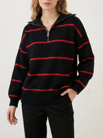 Load image into Gallery viewer, Striped Zip-Up Knit Pullover Women Round Neck N6G180