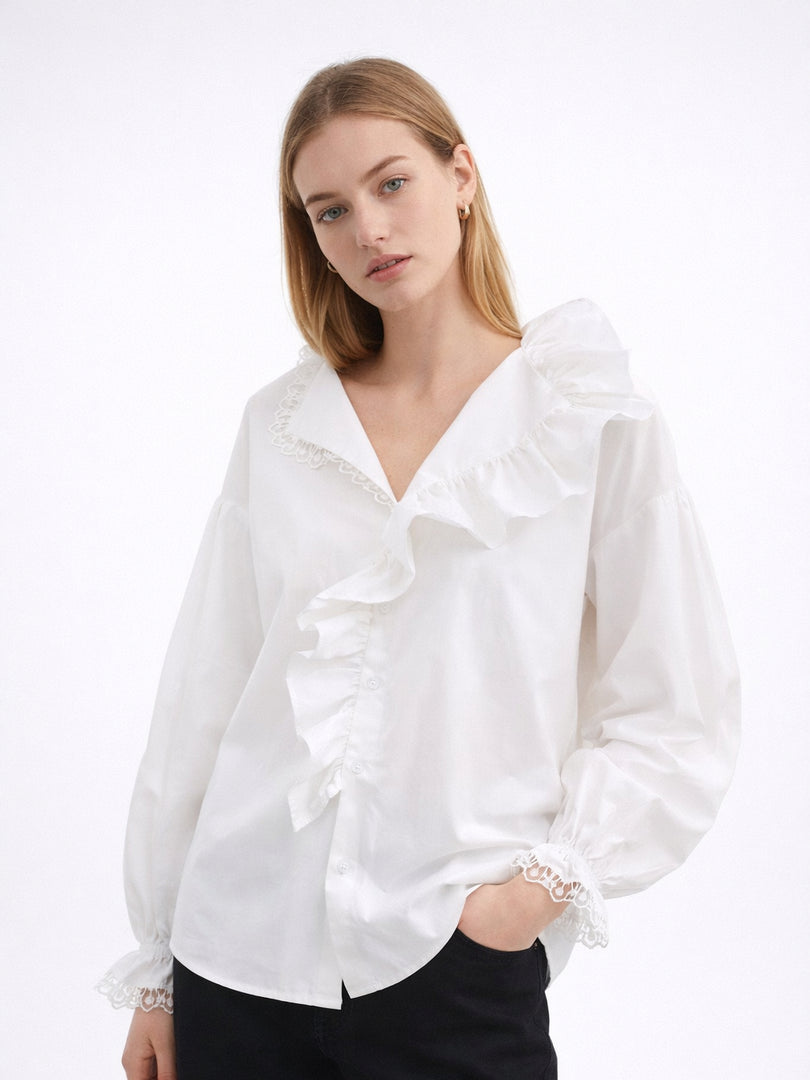 V Neck Ruffle Lace Trim Blouse Women N6C134