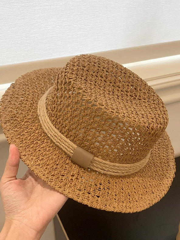 Openweave Flat Top Straw Hat French Retro Vacation N6C370