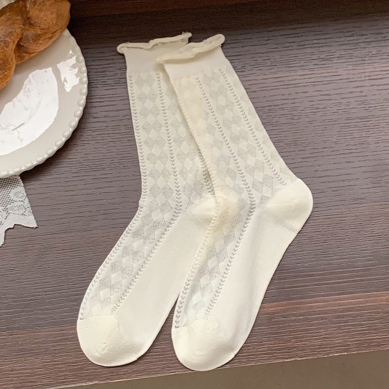 Thin Lace Hollow Mesh Mid-Calf Stack Socks Women N6H005