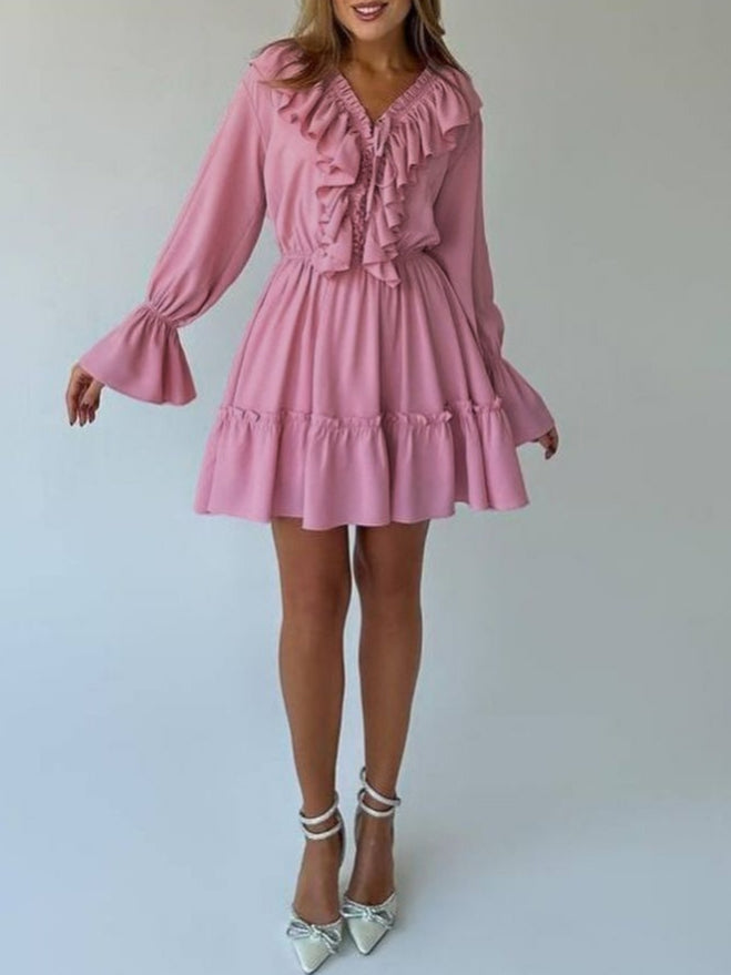 V-neck Ruffle Sleeve Flared Hem Dress Women N6C191