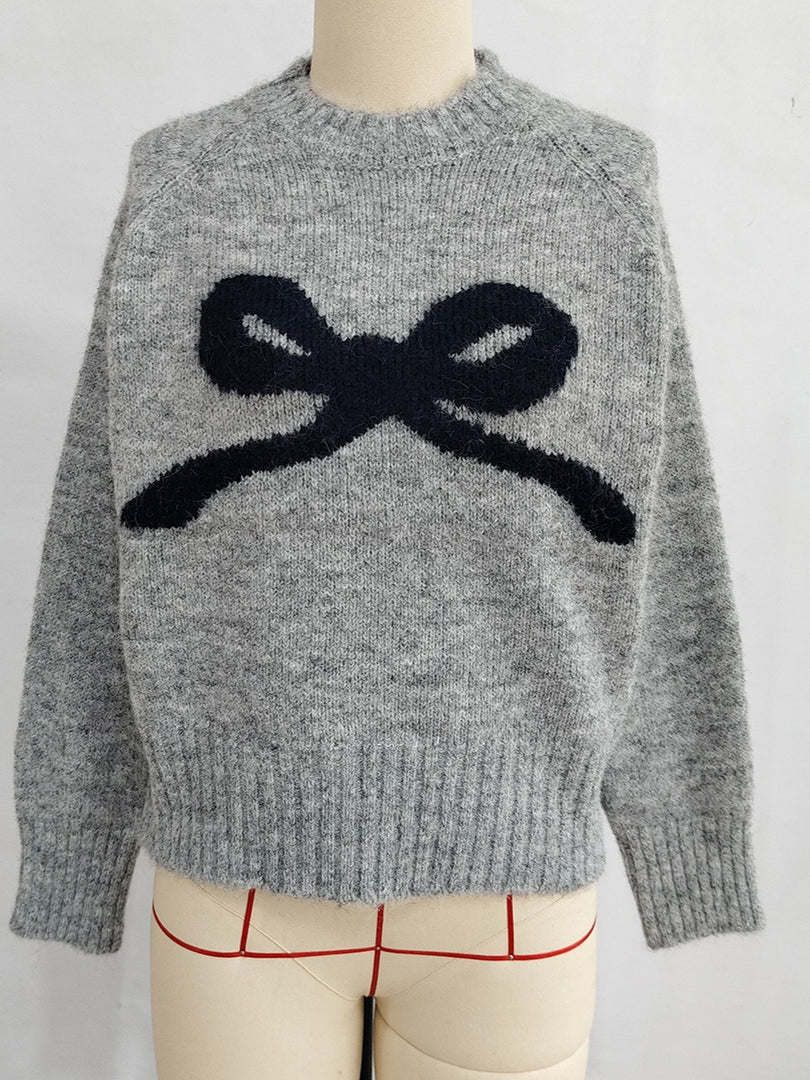 Round Neck Bow Knit Sweater Casual Women N6G147
