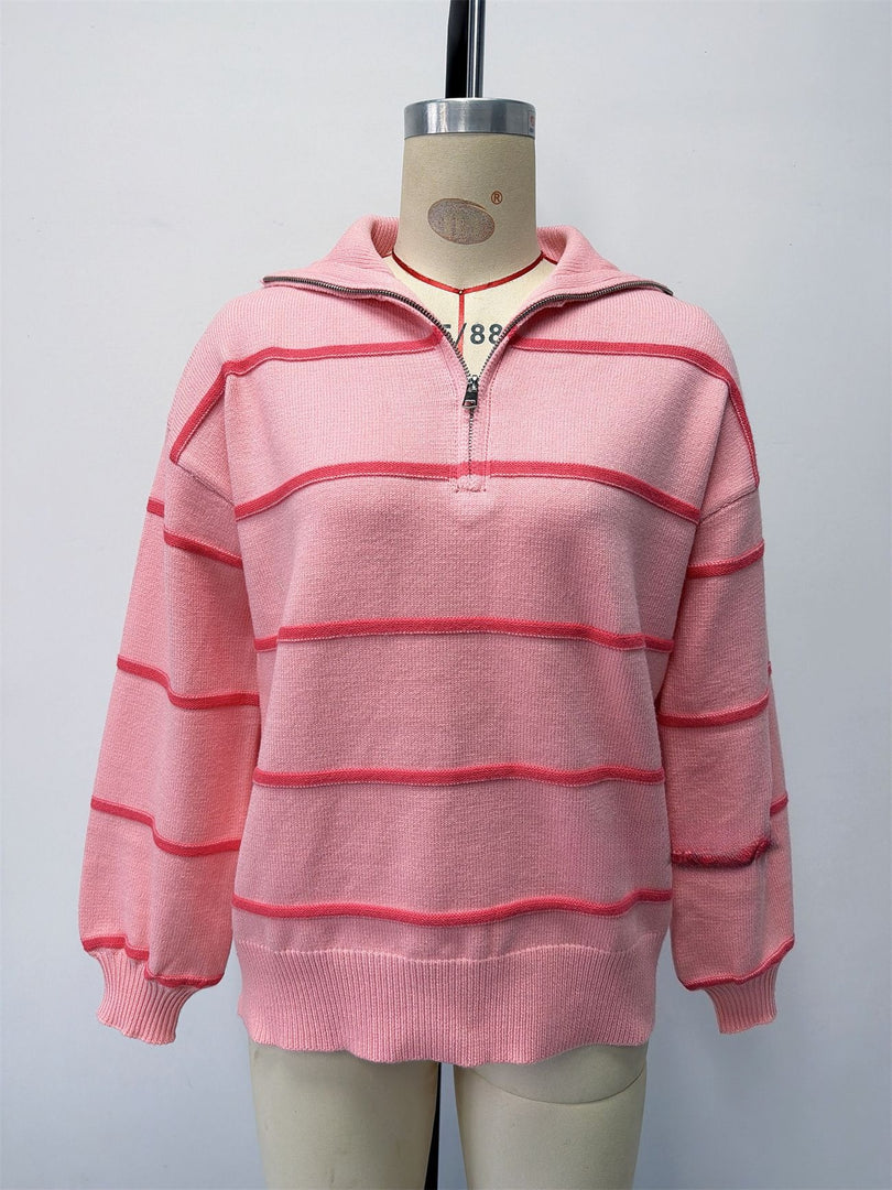 Striped Zip-Up Knit Pullover Women Round Neck N6G180