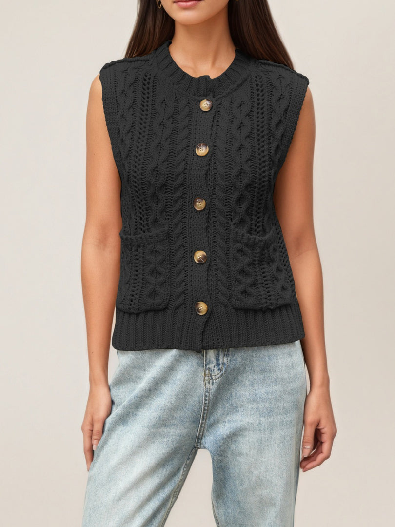 Round Neck Pocket Sleeveless Cardigan Vest Women N6H291