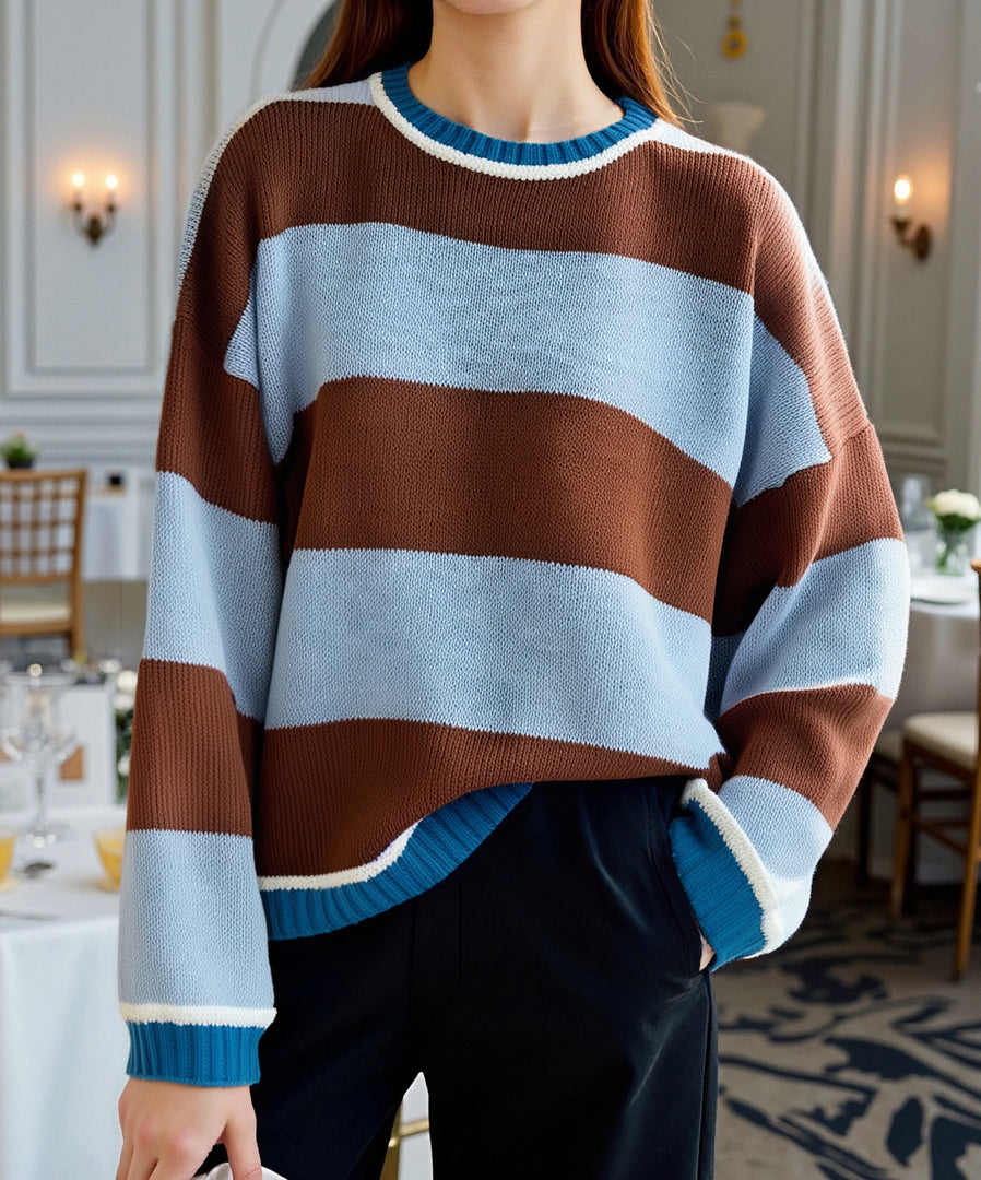 Color-Block Striped Loose Pullover Sweater Women N6H304
