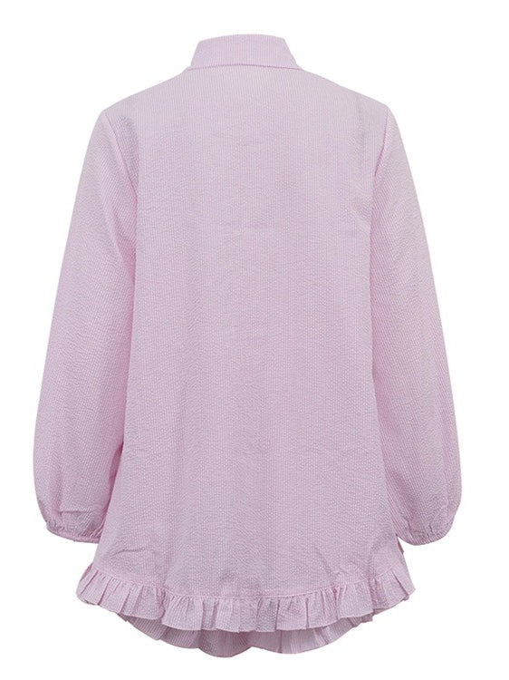 Striped Puff Sleeve Lapel Shirt and Shorts Set Women N6C188