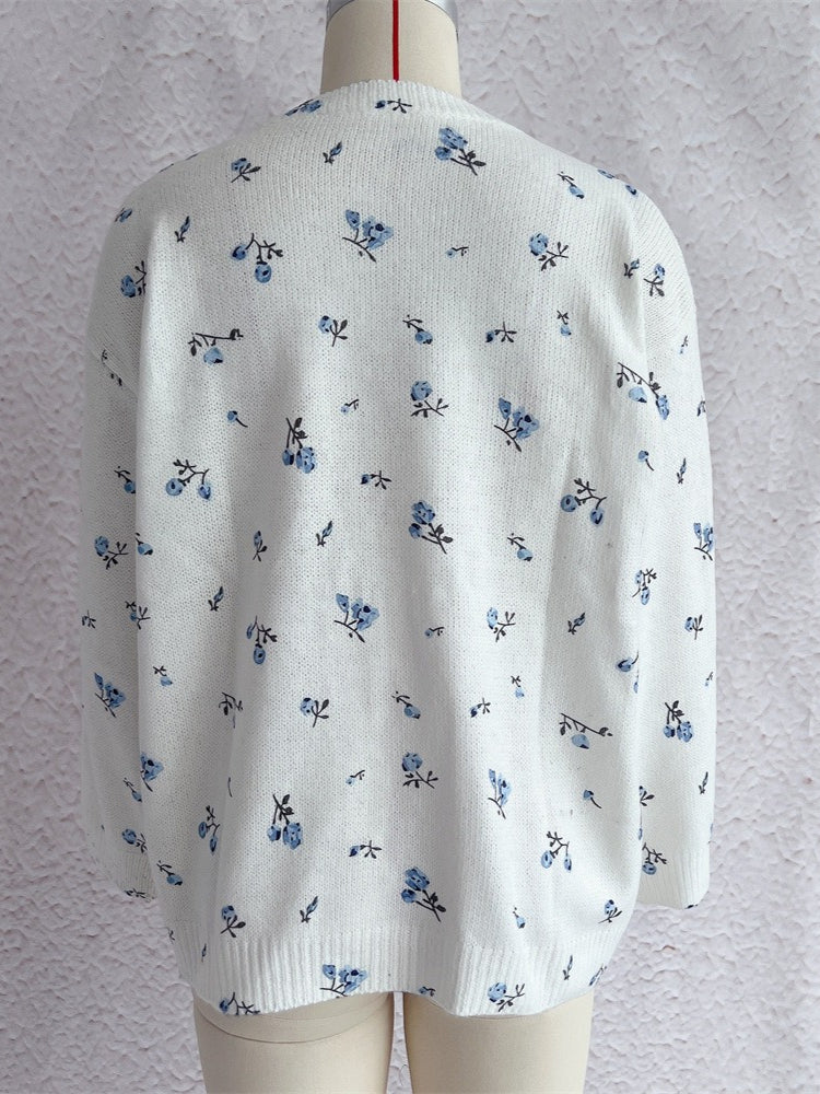 Floral Print Knit Pullover Round Neck Long Sleeve N6G145