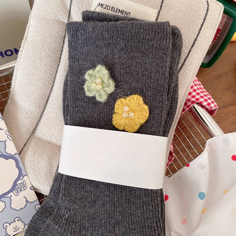 Pearl Flower Fresh Mid-Calf Socks Women Soft Cotton N6H037