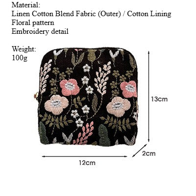 Embroidered Floral Linen Cotton Pouch Organizer S5P974