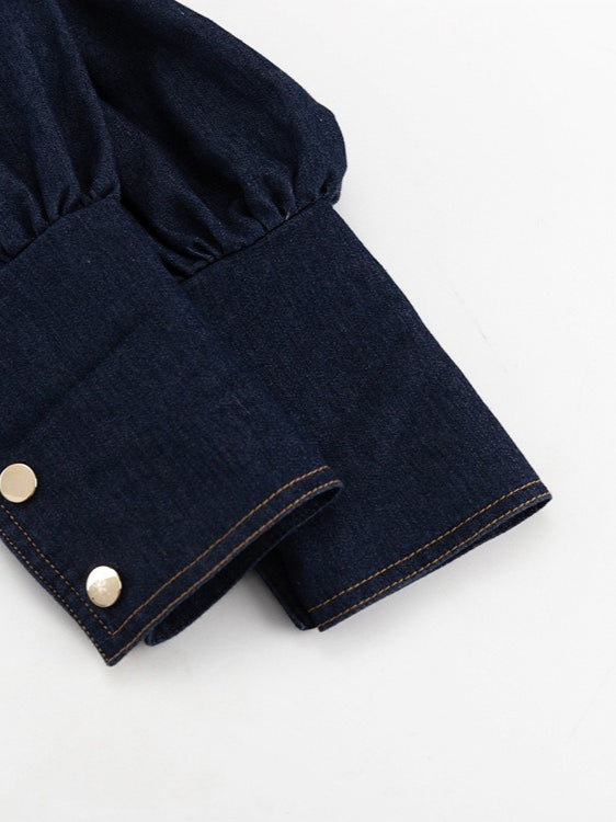 Denim Shirt Dress with Lantern Sleeve and Tie Belt  N6C194