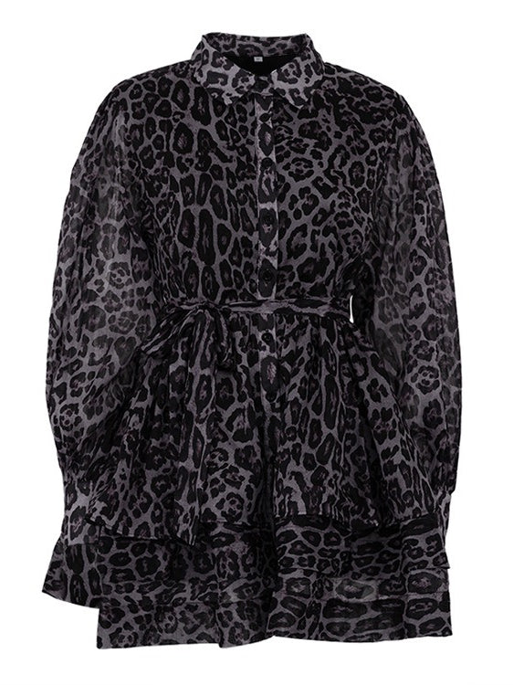 Leopard Print Chiffon Dress with Lapel and Puff Sleeve N6C192