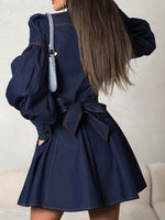 Load image into Gallery viewer, Denim Shirt Dress with Lantern Sleeve and Tie Belt  N6C194