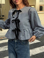 Load image into Gallery viewer, Gingham Bow Tie Open Front Blouse Women N6D133