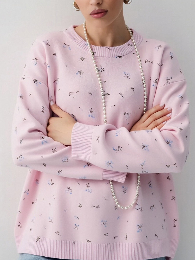 Floral Print Knit Pullover Round Neck Long Sleeve N6G145