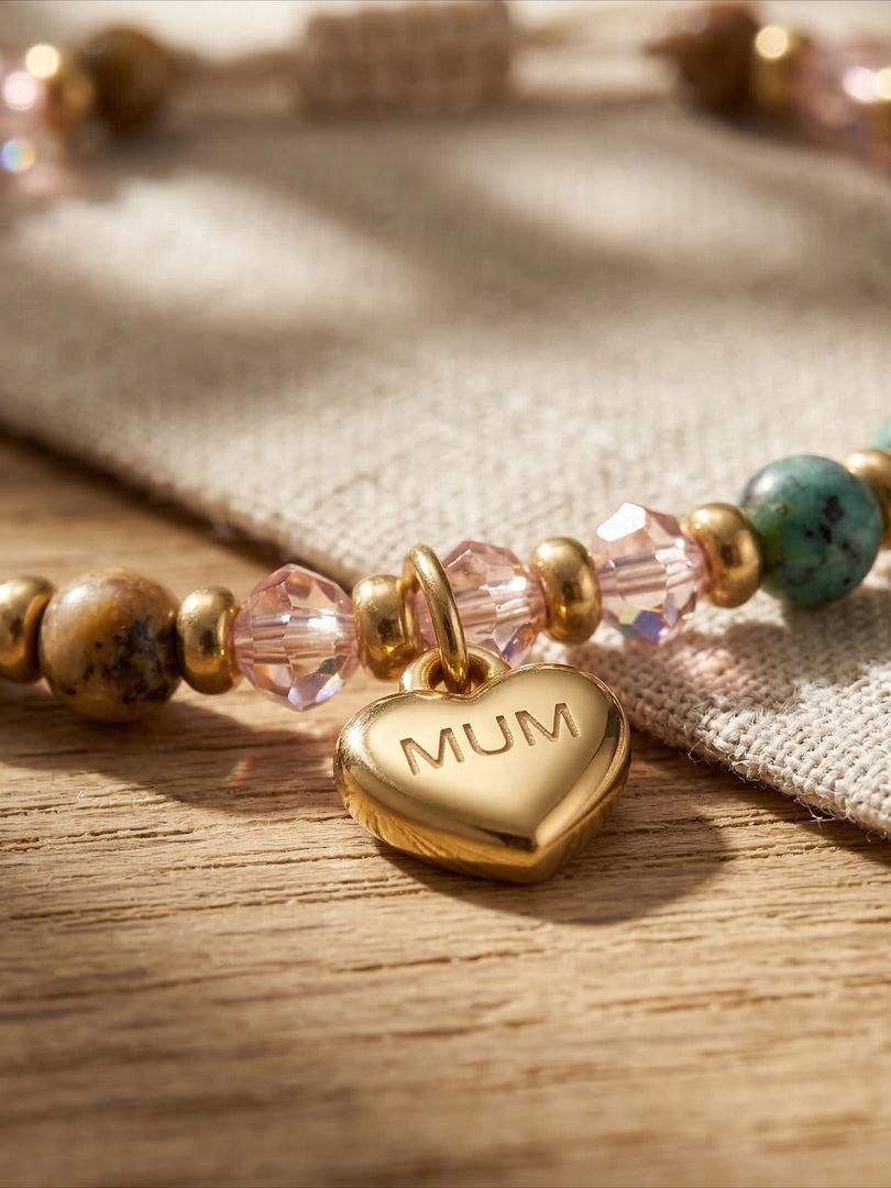 MUM Heart Pendant Adjustable Beaded Bracelet N6D532