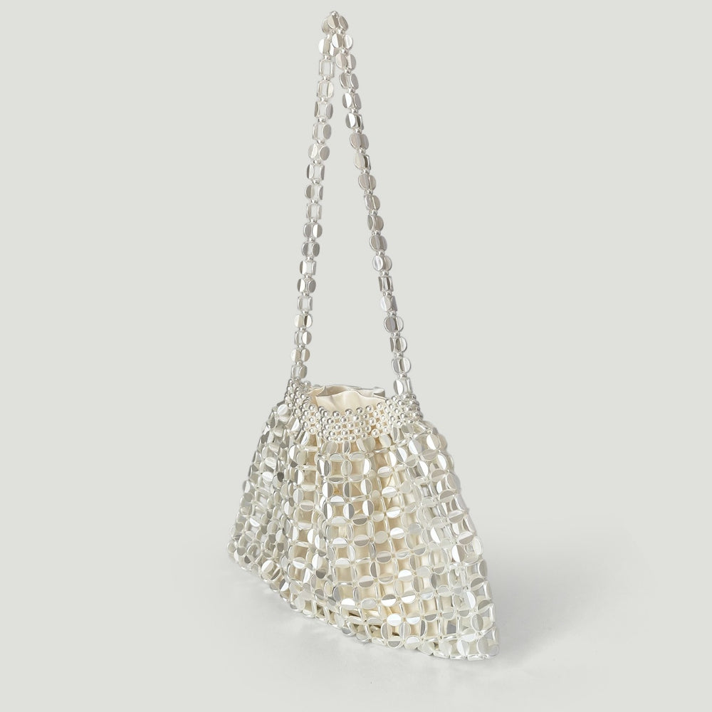 Handwoven Silver Gold Bead Large Hobo Shoulder Bag N6E021