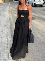 Load image into Gallery viewer, Black High Waist Spaghetti Strap French Midi Dress N6D090