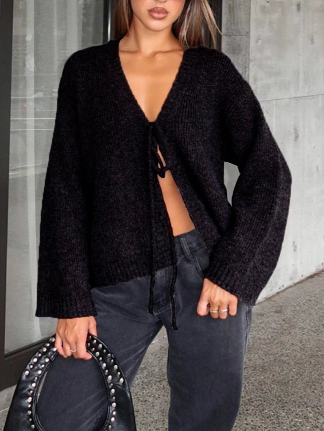 Solid Sexy V-Neck Slim Fit Hand-Tied Knit Cardigan N6G142