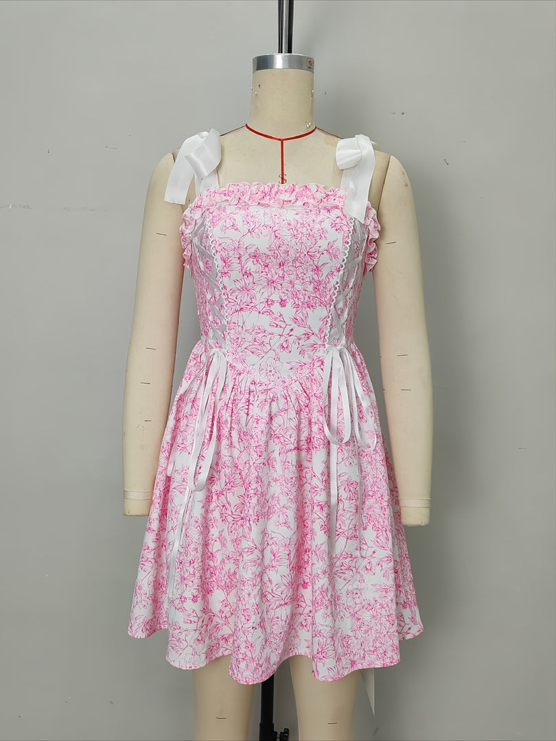Pink Floral French Ruffle Tie Detail Maxi Dress Women N6D144