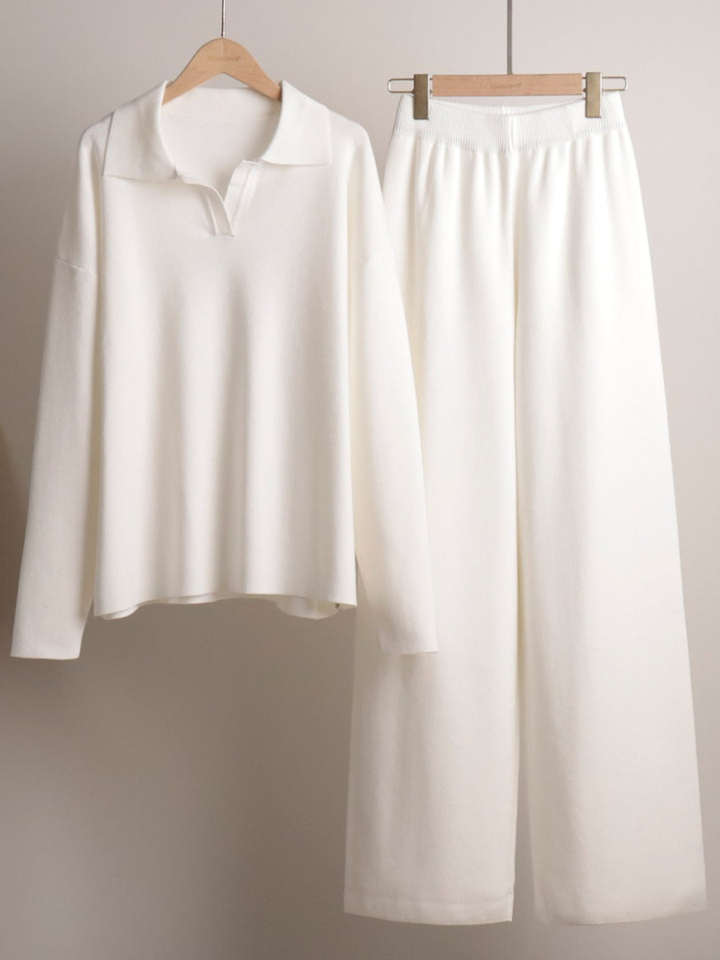 Knit Set Polo Neck Pullover Wide Leg Pants Two-Piece N6G137