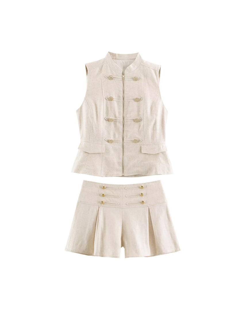 Sleeveless Stand Collar Knot Zip Vest Shorts Set N6F202