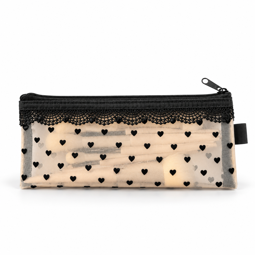 Heart Flocked Nylon Mesh Makeup Brush Pouch N6J260