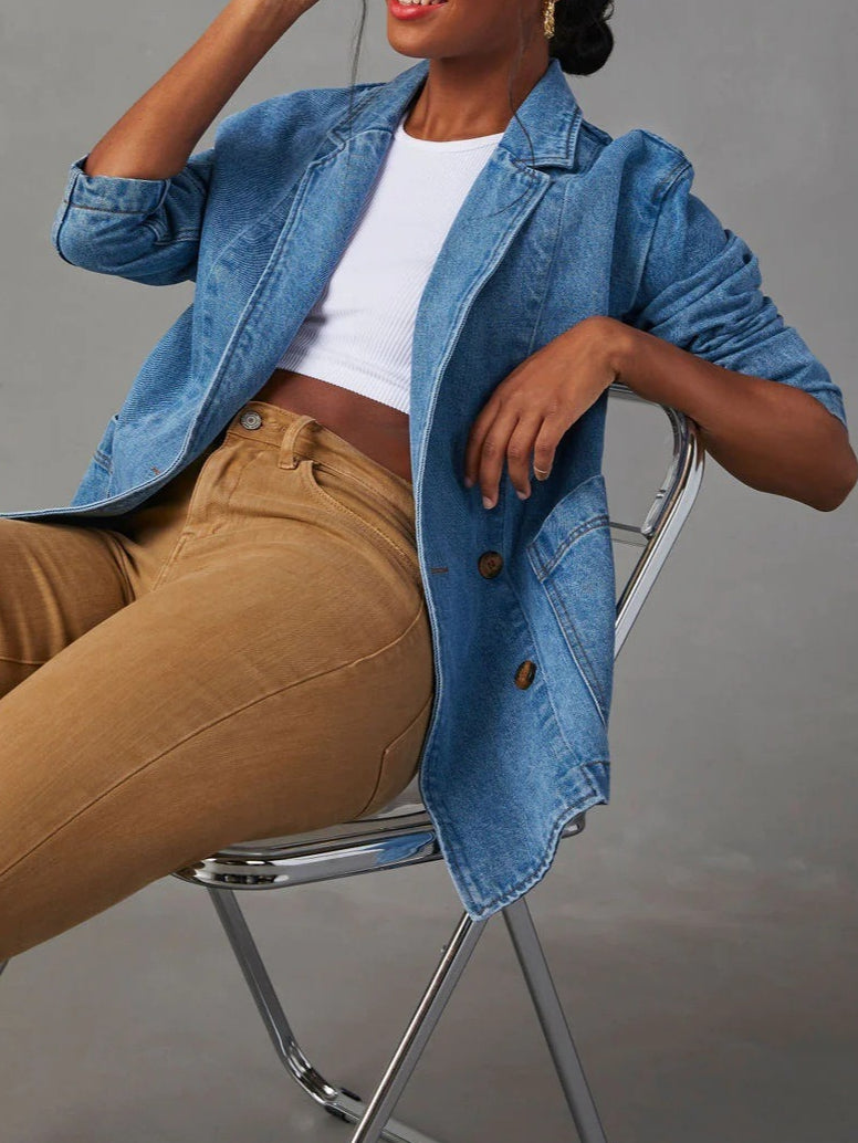 Women's Denim Blazer Jacket Casual Blue N6D066