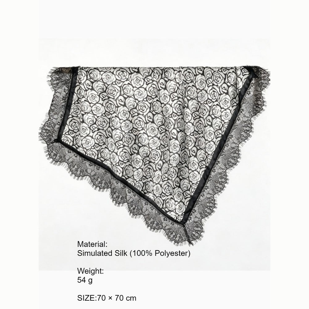 Vintage Lace Trim Satin Square Scarf 70cm Women N6H121