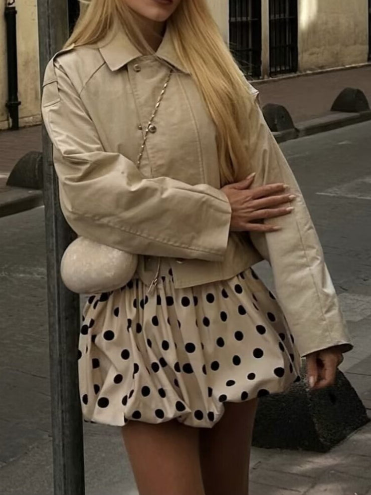 Khaki Pleated Polka Dot Bubble Hem Skirt Women N6D122