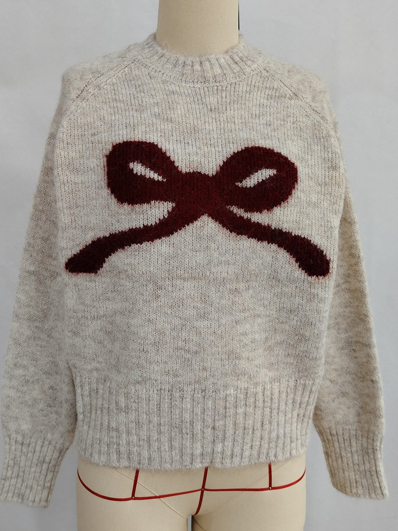 Round Neck Bow Knit Sweater Casual Women N6G147