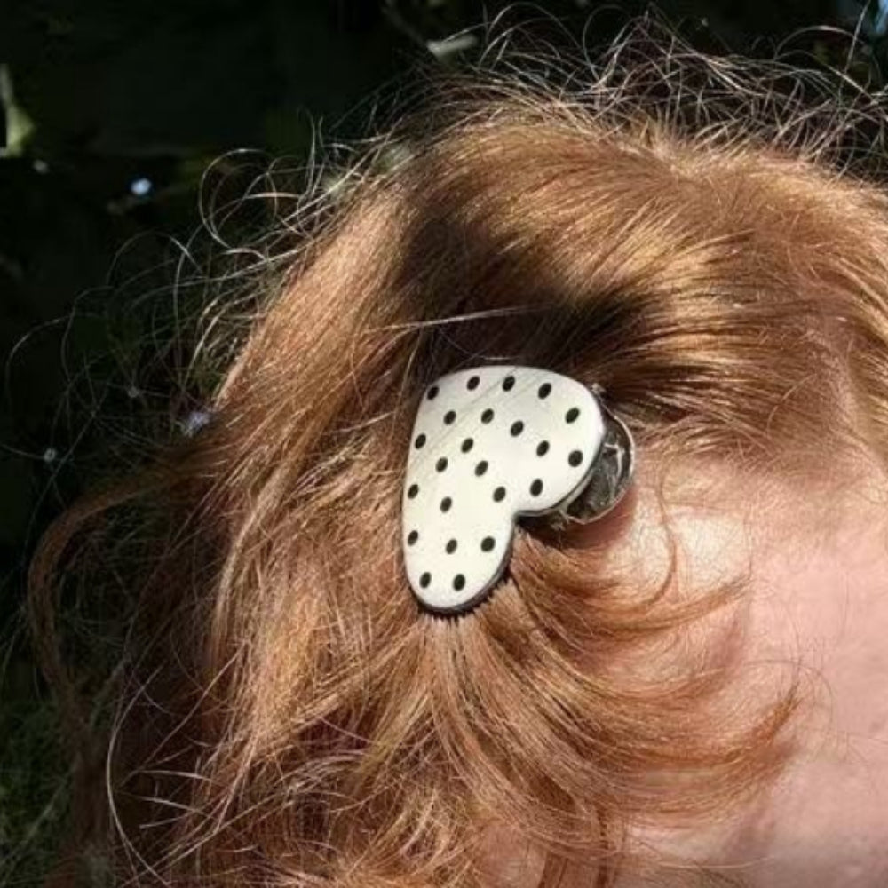 Black White Polka Dot Heart BB Hair Clip Duckbill N6F075