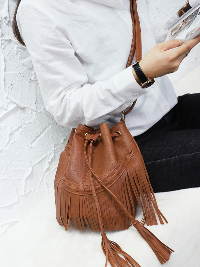Handmade Fringe Drawstring Bucket Bag Women N6C220