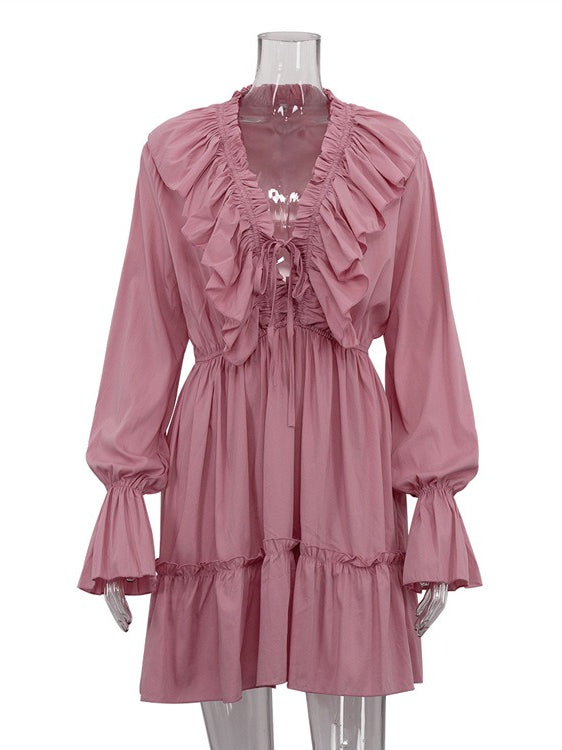 V-neck Ruffle Sleeve Flared Hem Dress Women N6C191