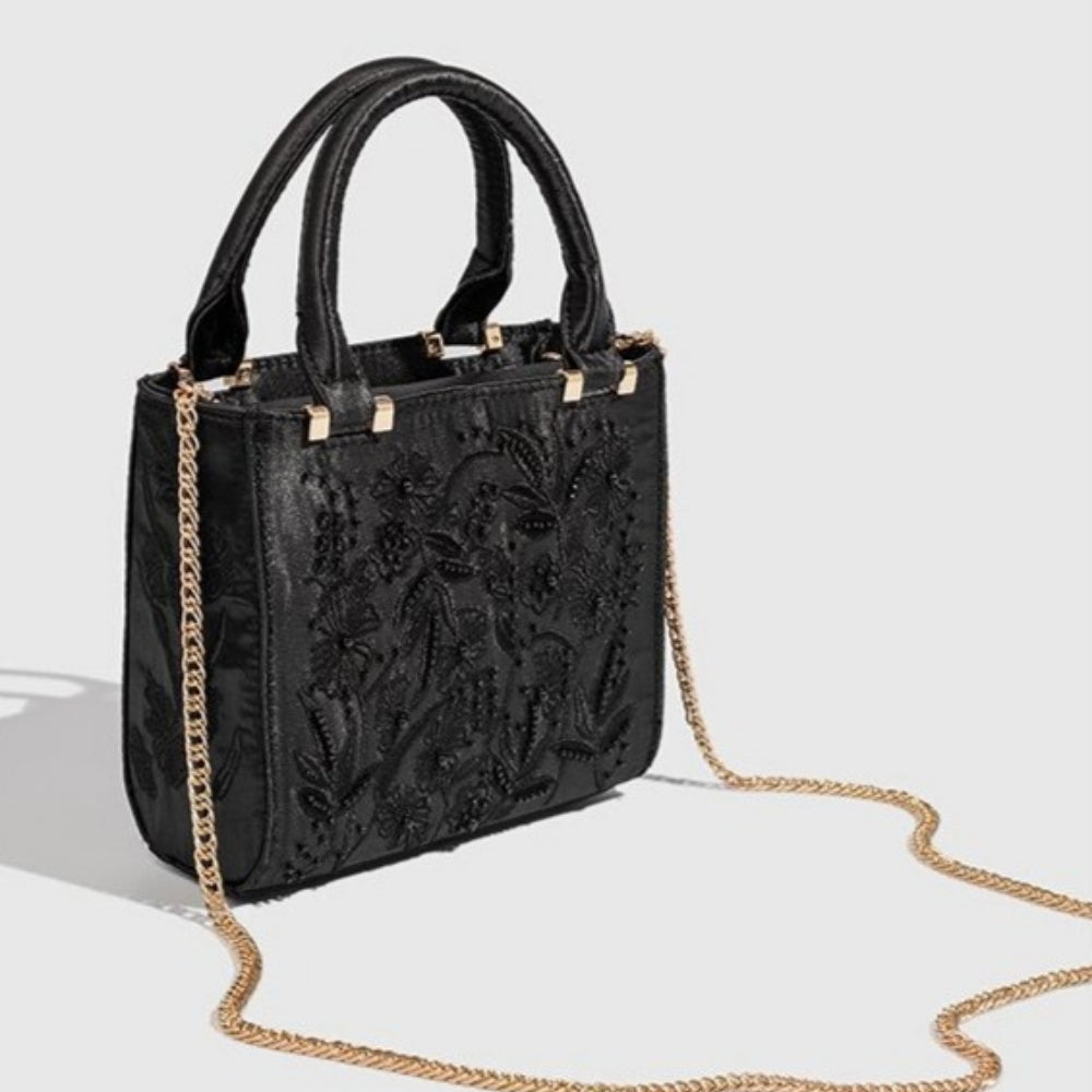 Vintage Silk Pearl Chain Clutch Bag with Embroidery N6E030