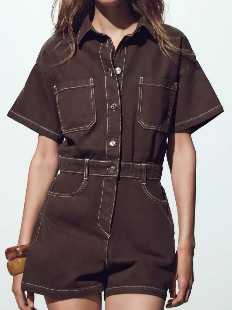 Pocket Detail Denim Short Jumpsuit N6F001