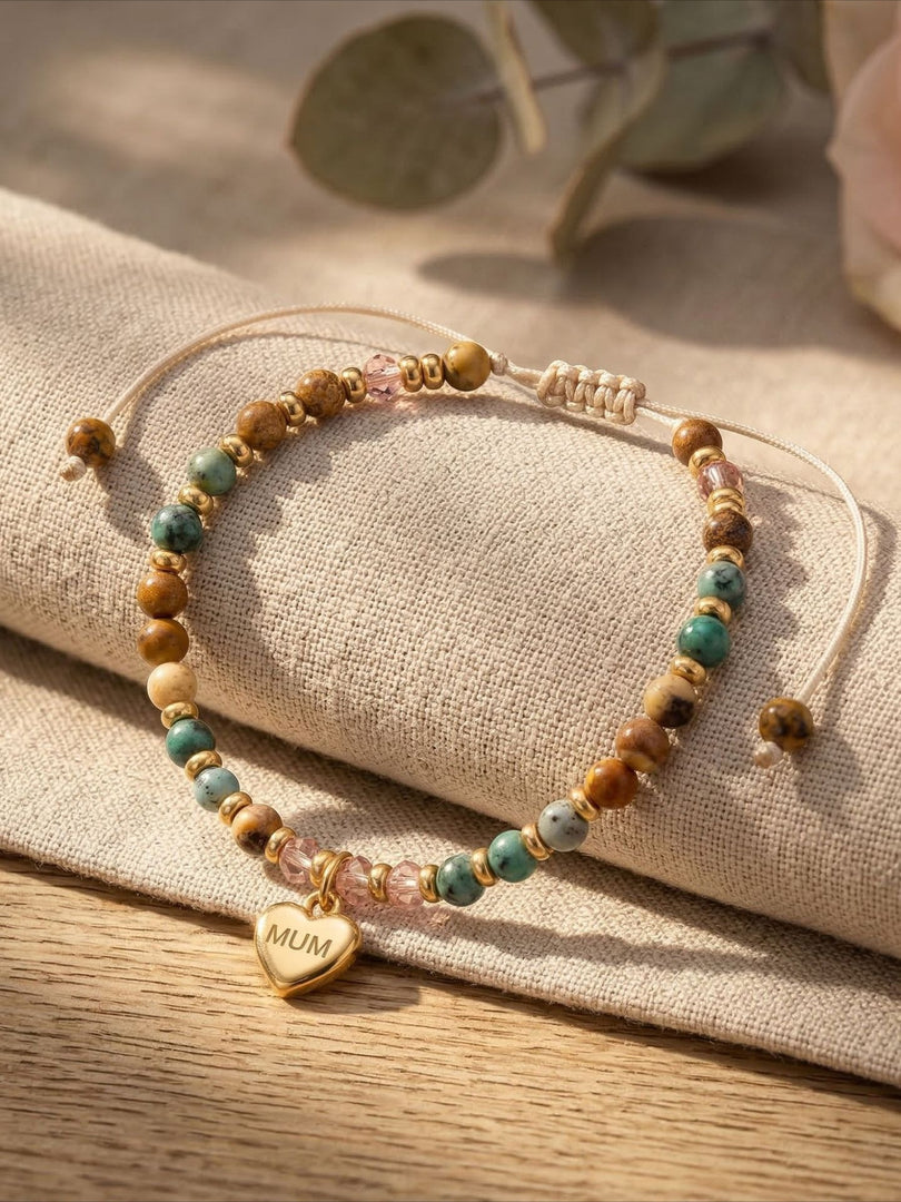 MUM Heart Pendant Adjustable Beaded Bracelet N6D532
